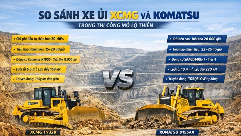 So sánh xe ủi XCMG và Komatsu trong thi công mỏ lộ thiên